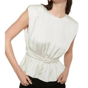 Bailey44 Satin Giamina Cap Sleeve Belted Peplum Top in Cream, Large NWT